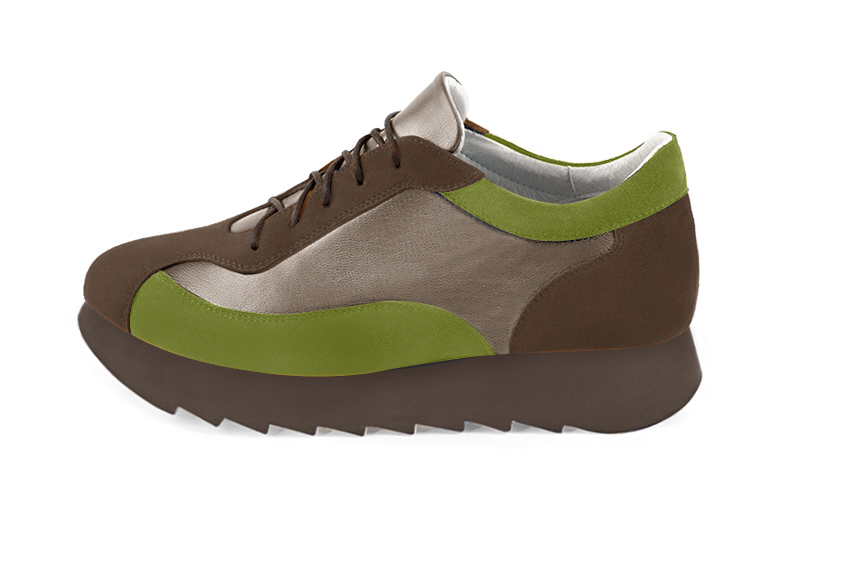 Chocolate brown, bronze gold and pistachio green women's elegant sneakers. Round toe. Low rubber soles. Profile view - Florence KOOIJMAN